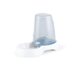Van Ness AW3 automatic pet waterer shown at an angle with translucent blue water reservoir, white drinking tray, and compact gravity-fed design.