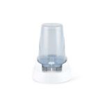 Van Ness AW3 automatic pet waterer front view showing translucent blue reservoir, water dispensing opening, and white drinking tray for cats and dogs.