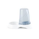 Van Ness AW3 automatic pet waterer side view showing translucent blue reservoir, white drinking tray, and compact gravity-fed water dispenser design.