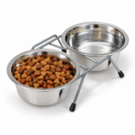 Van Ness Pets SSWR2 double stainless steel pet bowls in a gray wire rack, with one bowl filled with dry food and the other with water.